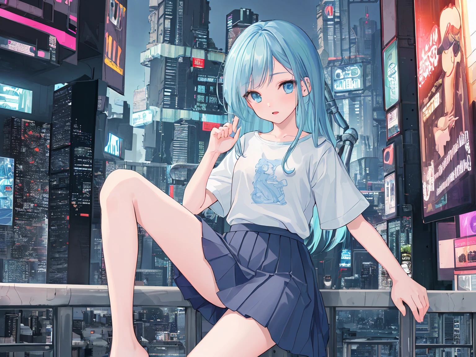 (masterpiece:1.2), best quality, highres, original, (extremely detailed:1.2), ultra-detailed, wallpaper, perfect lighting,(extremely detailed CG:1.2), 8k, anime illustration, 1boy, cross-dressing, femboy, long hair, light-blue hair, (cyberpunk fashion, short-sleeved T-shirt, knee-length skirt, lace hemline, delicate clothes:1.2),looking at viewer, frontal, futuristic city background, sci-fi city, (anatomically correct: 1.3)