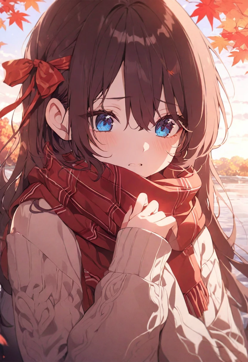 (masterpiece), best quality, Extremely detailed, illustration, Warm lighting, Soft lighting, Vibrant colors, 1 girl, Solitary,( beautiful girl, Long hair, blue eyes, Ribbon, Brown hair, Hair between the eyes, hair Ribbon, Side lock, very Long hair, Messy hair,) , autumn, Many maple trees, Maple Leaf, Gold Leaf, Autumn Leaves, Dried leaves, river, Fresh air, Peace, Cool breeze , Sweater Weather,( Wear a white or brown sweater, red scarf, Melancholy的autumn, Melancholy, Melancholy, sad ,Worry, eager,)