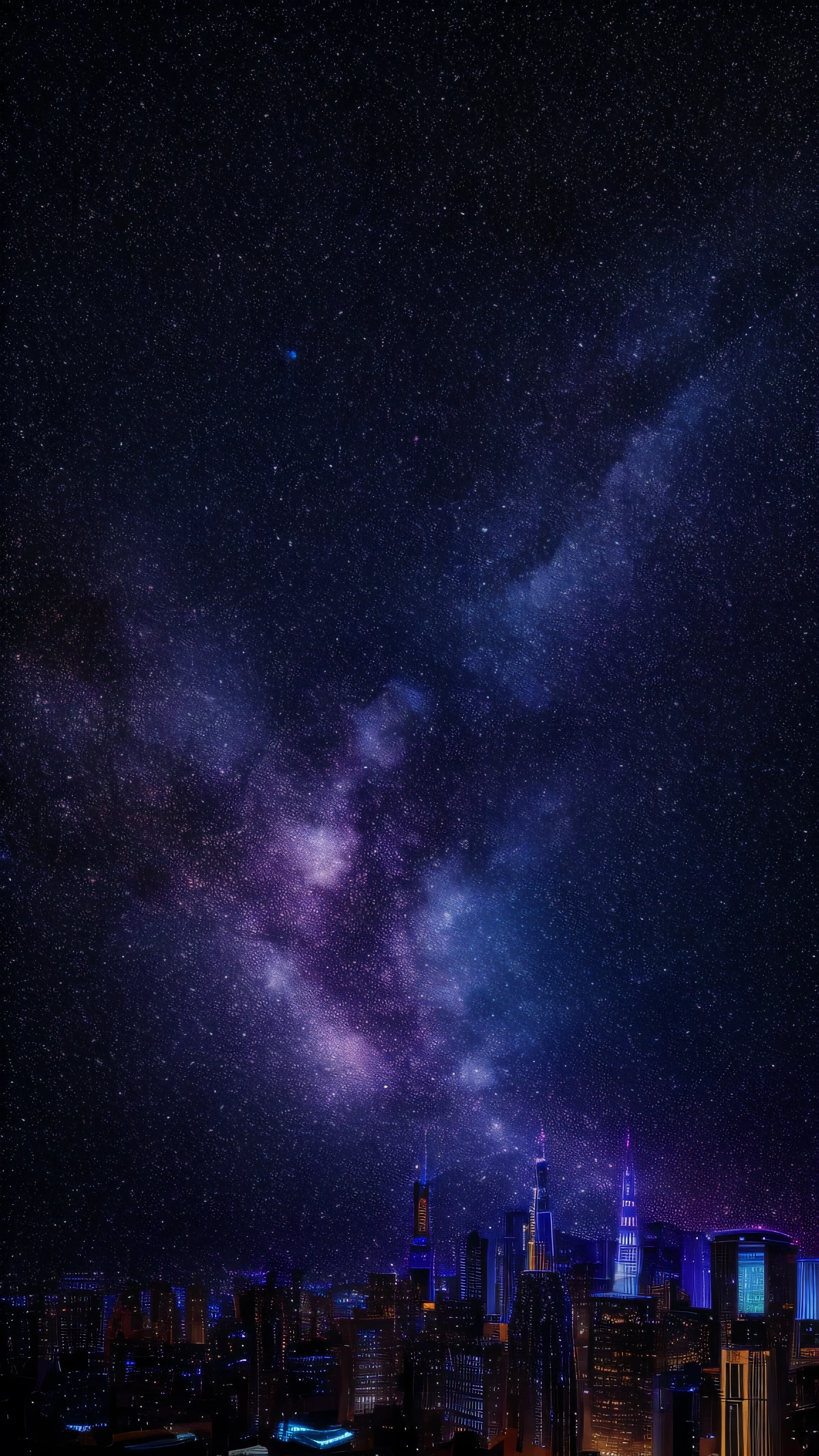 Music score playback、Colorful musical scores are played、Cute Girl Characters、 Night view from a high place、Drawing a large number of skyscrapers, Look up at the starry sky. Surround her with colorful nebulae and colorful metropolises.