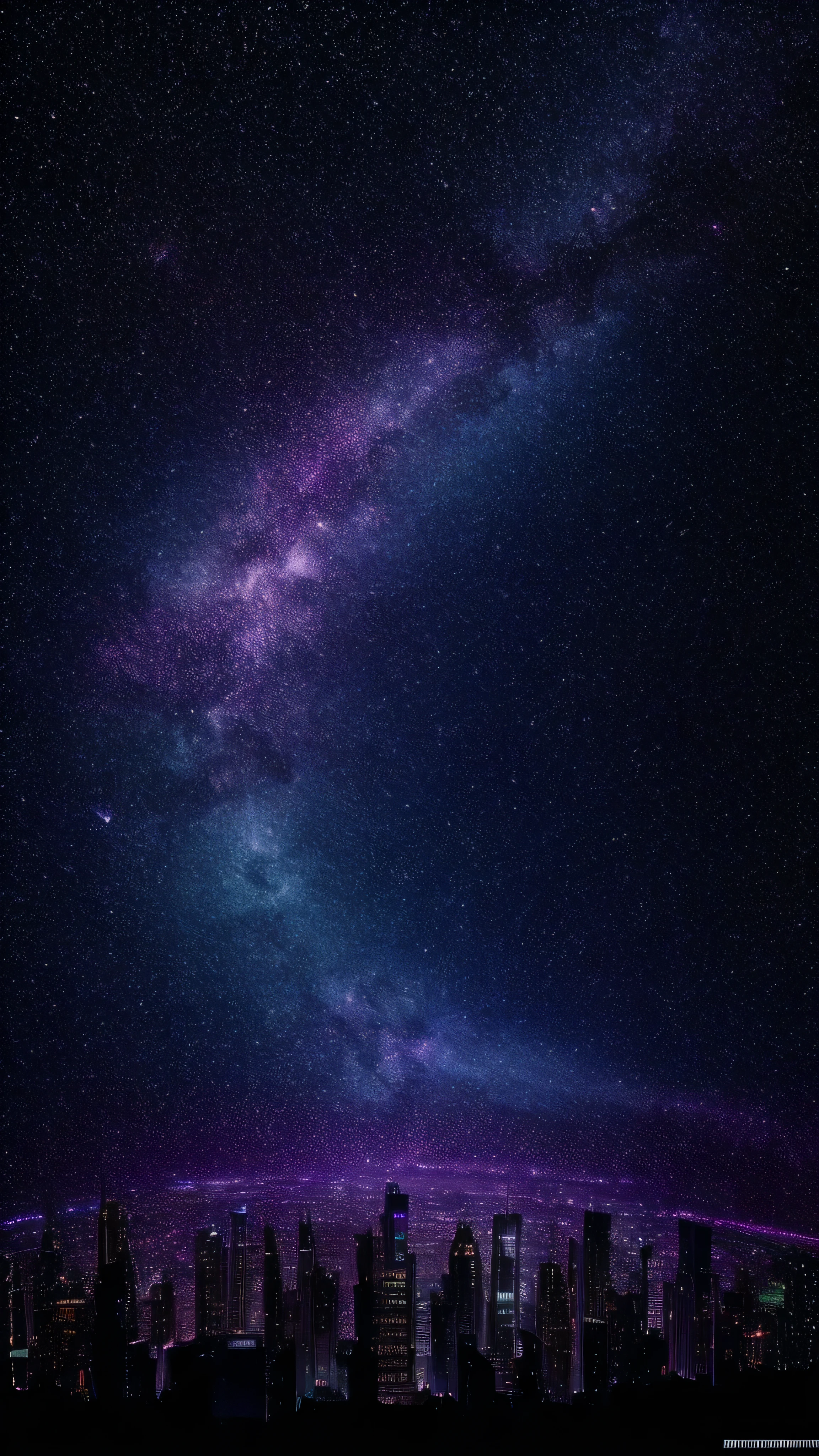 Music score playback、Colorful musical scores are played、Cute Girl Characters、 Night view from a high place、Drawing a large number of skyscrapers, Look up at the starry sky. Surround her with colorful nebulae and colorful metropolises.