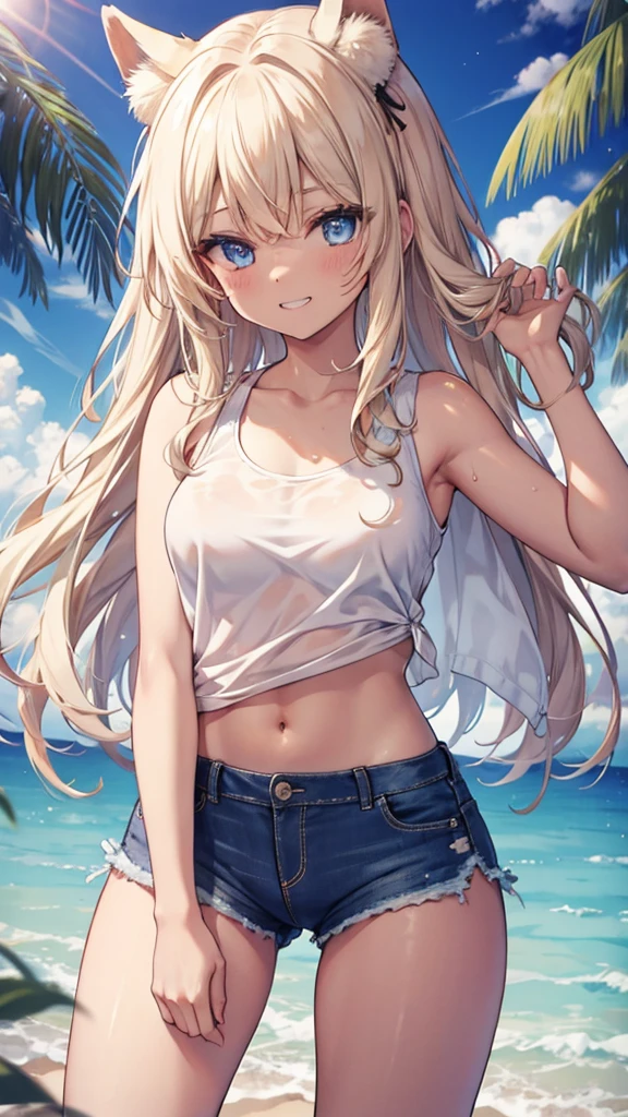 (8K、Highest quality、Highest quality、masterpiece)、Detailed face、One Girl、Spread legs、Spread Legs、(Brown Skin:1.2)、Long Hair、Blue Eyes、Sweat、Grin、(White tank top、Denim hot shorts、Mini Shorts、Cameltoe)、Cameltoe、Beach、cloud、pussy、
belly button、Big Breasts、