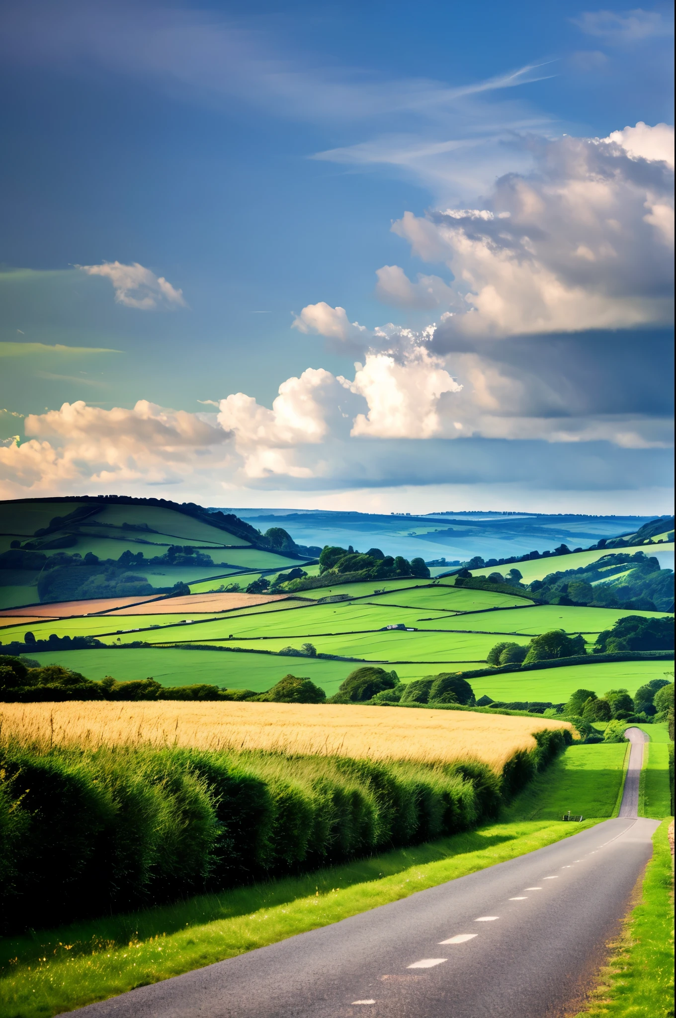 Original landscape，Sky and clouds，Tyndall effect，A country road，Colorful hot air balloon，High quality desktop wallpaper, Verdant forest, Detailed field properties, Beautiful English countryside, Stunning scenery, Rolling Hills, Landscape Wallpaper, Lush countryside, Green forests, Stunning scenery, Green fields in the background, High quality wallpaper, Beautiful wallpapers，Ultra high quality，Ultra HD，Ultra-high resolution