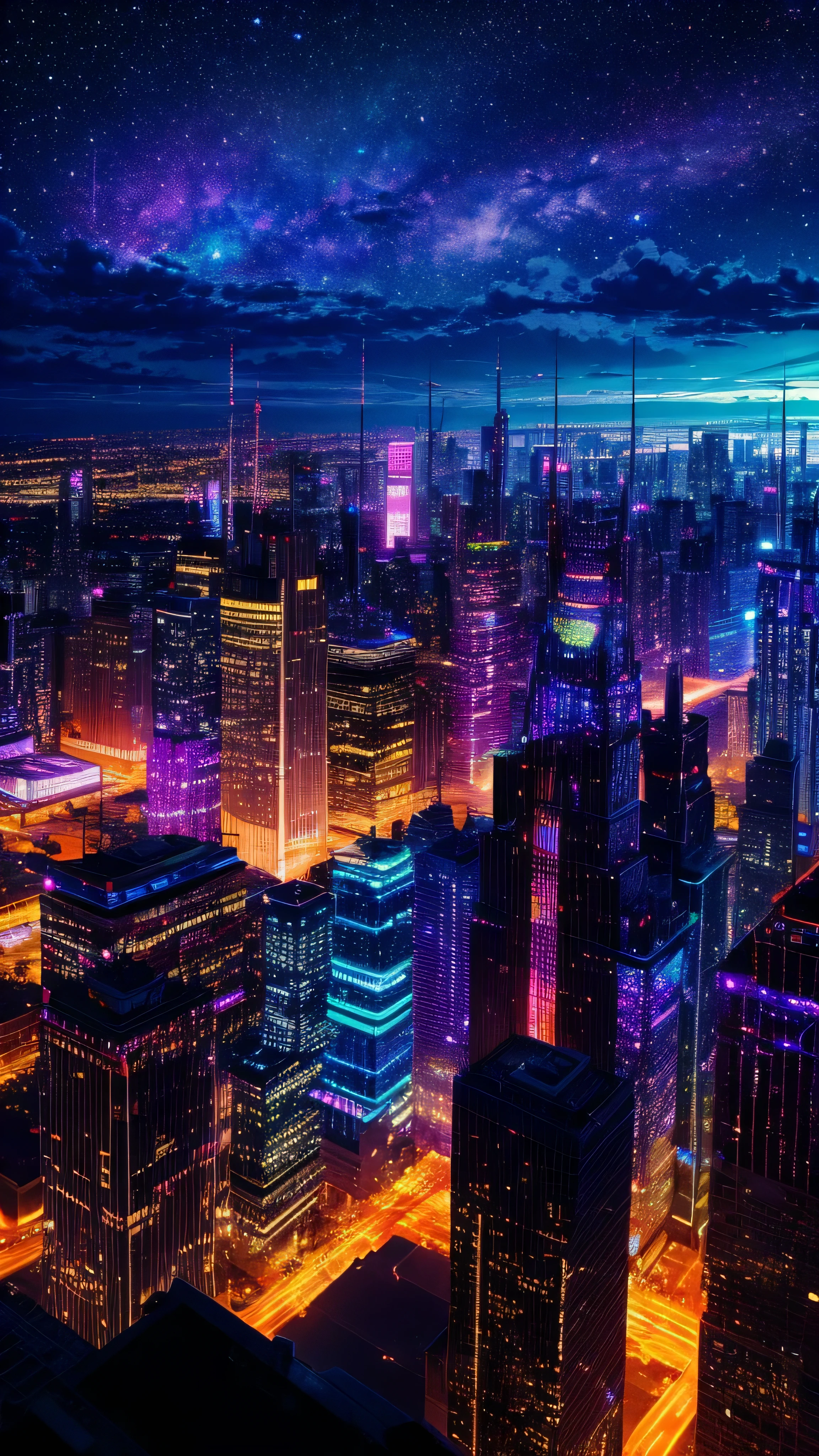 Night view from a high place、Drawing a large number of skyscrapers, Look up at the starry sky. Surrounded by colorful nebulae and colorful metropolises.