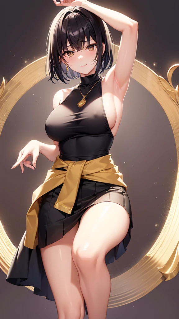 masterpiece, Highest quality:1.2),8K, 4K High Resolution, Very detailed, High-quality texture,High detail, High Quality Shadows, Beautiful and delicate down to the last detail, Beautiful and delicate eyes、One Woman, alone,Shiny skin、Very large breasts、very thick legs、Are standing、Composition from the front、smile、look forward to、Black Hair、Stand up straight,Looking into the camera、Draw a face、Golden Eyes、short hair、Written boundary depth、Shiny black tight skirt、Sleeveless white business shirt、Wrap a belt around your waist、Please show me your armpits、Armpit-exposing positions、Gold Necklace、black tights、See-through clothing、Wear outerwear、