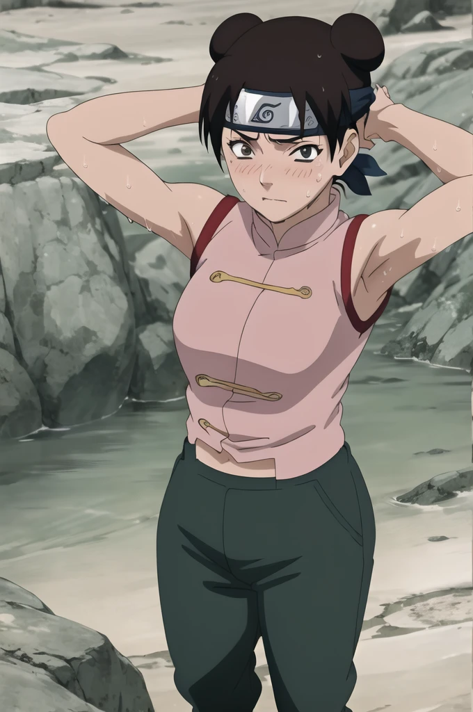 (masterpiece, 4K, Highest quality, anime style: 1.9, Detailed face, Lovely, Bold, High resolution, anime,  Curvaceous, Thighs,, (The scorned face,blush).Very slim belly, Cowboy Shot, (((One girl))),NARUTOanime風, Tenten,(((Sweaty))),(((armpits))),Pink Chinese dress,Dark green trousers,Place your hands behind your head.,Show your armpits to your audience