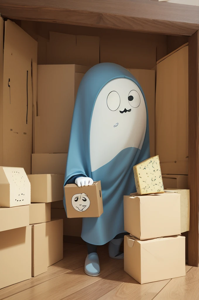 A ghost ((Cartoon)) with a bad face, carrying a box of round cheese with both hands 