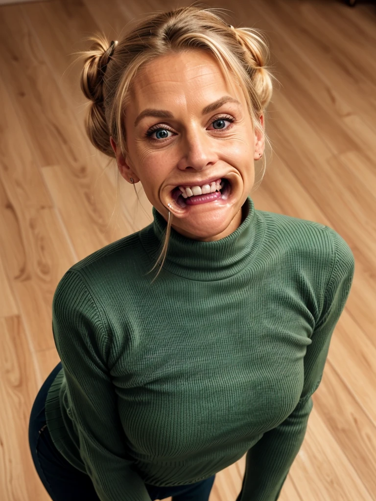 photo of a skinny very old wrinkly-faced faced  blonde messy long hair thrown into a messy bun ponytail. She wears: (turtleneck soft high ribbed dark green super tight sweater:1.1), submissive seductive pose, high tight ribbed neck, seductive smile, perfect fake tits, y eagenny, teasing sexy old lady, th retractor gag