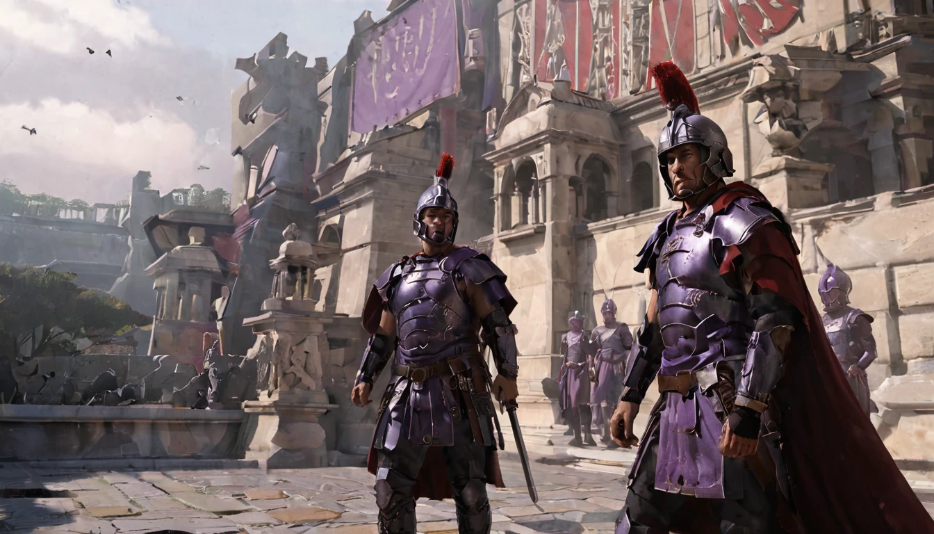 A cinematic photo of two ancient Roman praetorian guards, aged 40, with handsome features and strong arms. They are dressed in black armor and carry long rectangular shields adorned with Roman symbols. Their purple togas hang over their shoulders and their helmets rest on their heads. They stand guard next to the Roman emperor inside the luxurious imperial palace, where a throne sits. The atmosphere is intense and dramatic, focusing on the guards' unwavering loyalty and strength., cinematic, photo