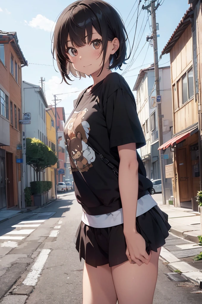 4K, (work of art), highest quallity, 2d, ((rebeld girl)), (age anime girl), (shirt cute, bear shirt, Punk Girl, in a bike, short hair with long bangs, heterochromatic eyes, ssmile, full height, clean eyes, black eyelash, (intrincado detalhado), dramatic, makoto shinkai, brown eyes