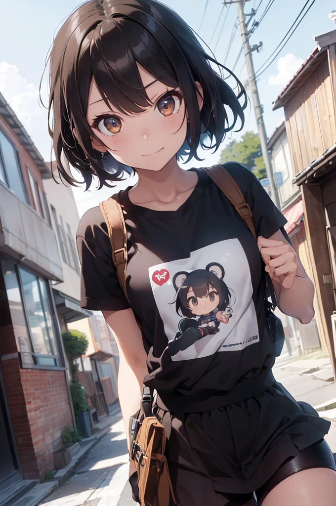 4K, (work of art), highest quallity, 2d, ((rebeld girl)), (teenage anime girl), (shirt cute, bear shirt, Punk Girl, in a bike, short hair with long bangs, heterochromatic eyes, ssmile, full height, clean eyes, black eyelash, (intrincado detalhado), dramatic, makoto shinkai, brown eyes