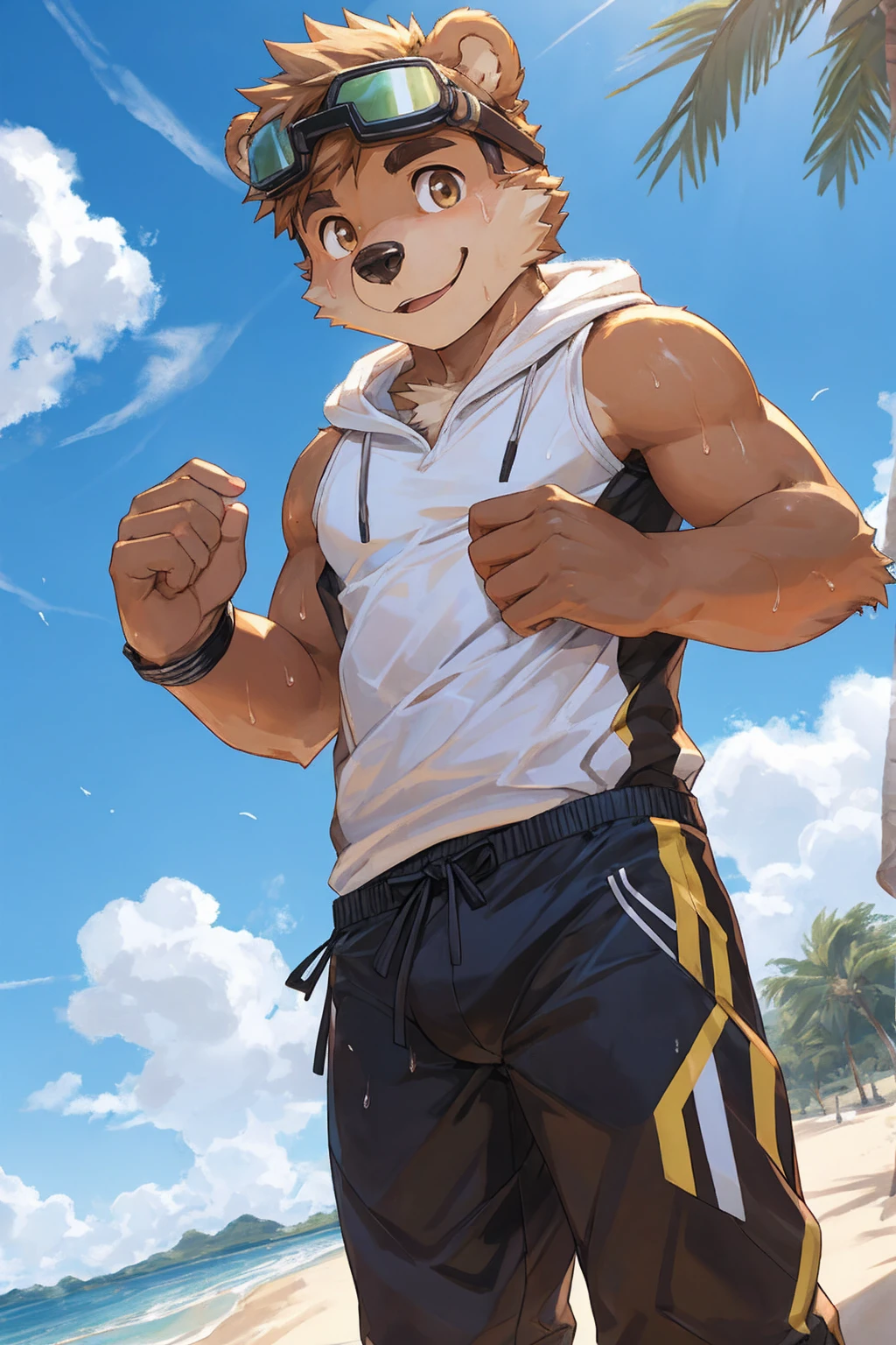 (Maximum fineness,Dynamic HDR,8K) Furry,solo,shota,outdoor,sunny,sky,Happy,cute,teenager, A bear with white fur and brown on its body.,brown eyes, brown eyebrows, brown nipples, Without clothes, Smiling faces,Wear exercise shorts,Wear hold open represent goggles in eyes,There is clearly sweat on the body,The crotch of the pants is clearly bulging
