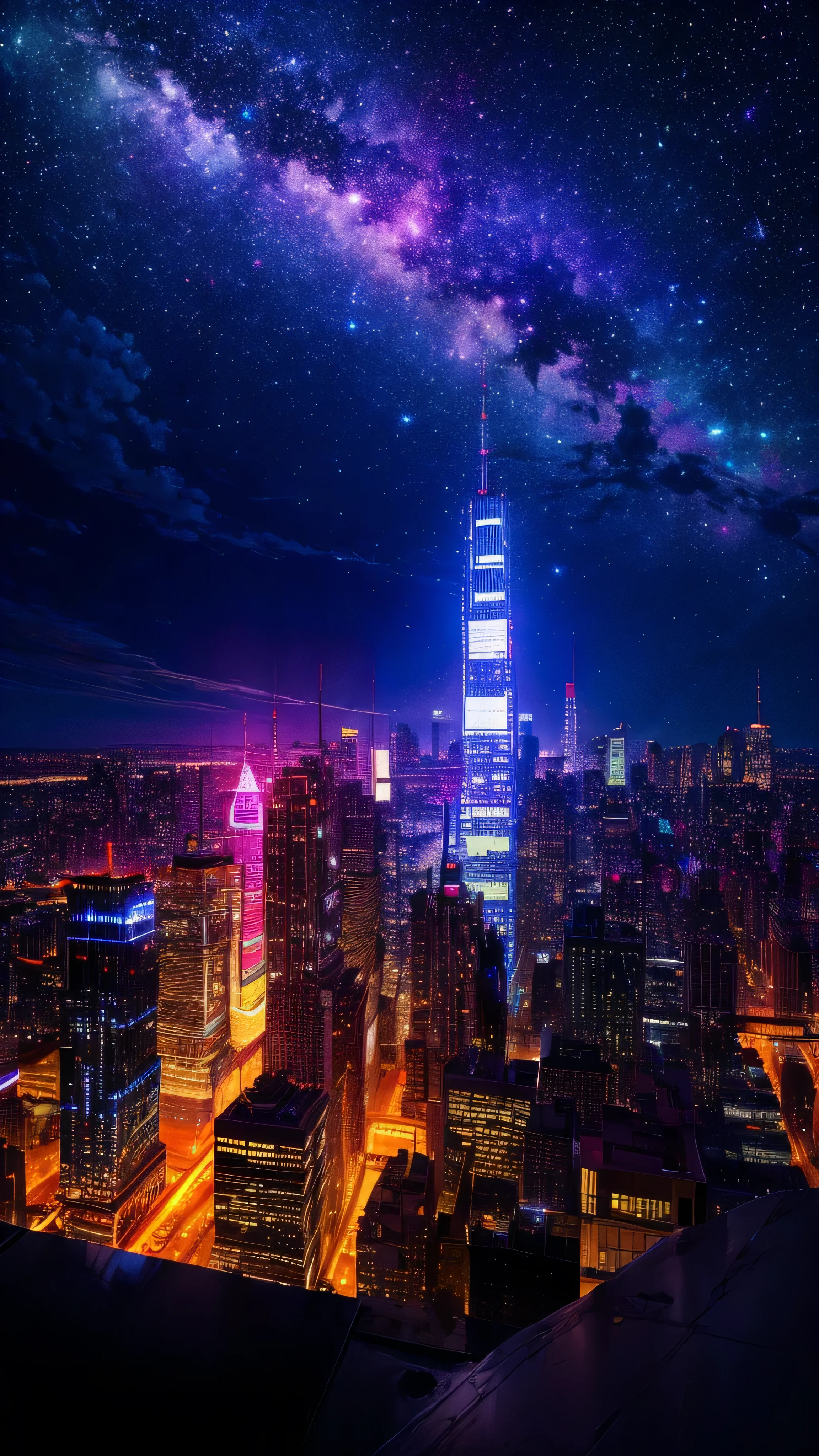 Night view from a high place、Drawing a large number of skyscrapers, Look up at the starry sky. Surrounded by colorful nebulae and colorful metropolises.