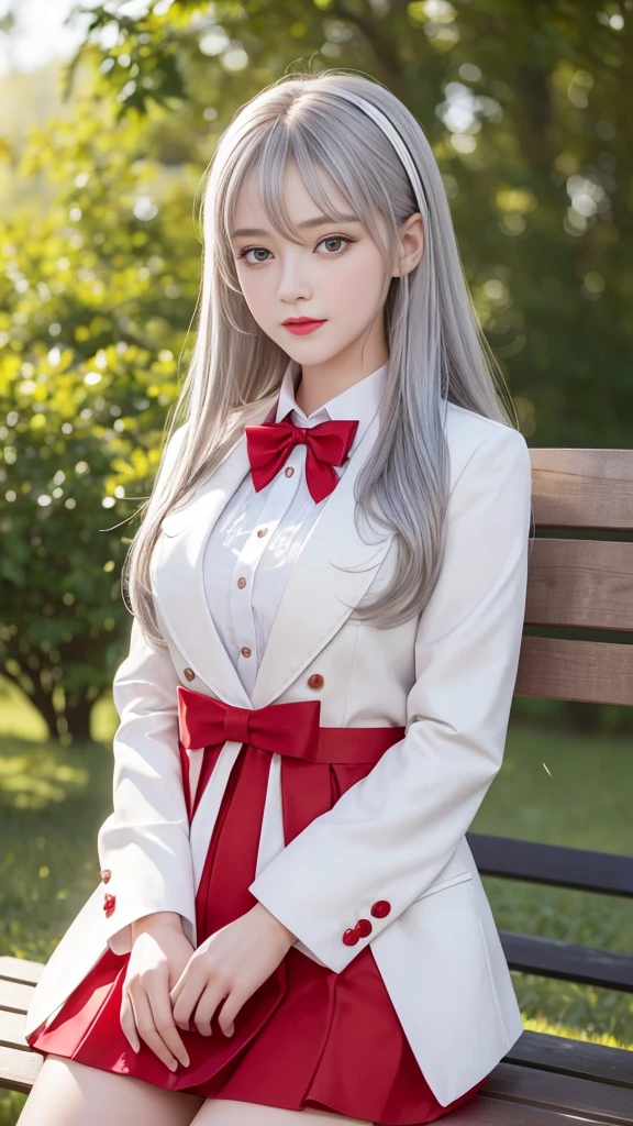 ((girl standing in front of a park bench)),top quality work，Real work，Ultra premium graphics，8K HD CG Works，high quality graphics，High-definition CG works，10x pixels，super fine details：1.1，Advanced technical details：1.1Photo-realistic，indoor lighting effects：1.5，Natural light：1.5. light effect（virtual light effect：1.8），超A high resolution，shiny red dress，長いsilver hair，silver hair， hair，high detail hair（premium hair detail：1.1）clear eyes，beautiful double eyelids，sharp eye makeup, delicate eyelash makeup, thin eyebrows, highly detailed eyes，high nose, nice red lips, rose cheeks, A face with delicate makeup , cute face, perfectly proportioned face,（Advanced  details：1.1），shiny，Wonderful dress，bright red series，(white blazer) 、(white blouse)、(red bow tie)、(checked skirt)、、girls 、photo shoot，woman'artwork of,Realism，wonderful，My eyes are shining today、(smile)