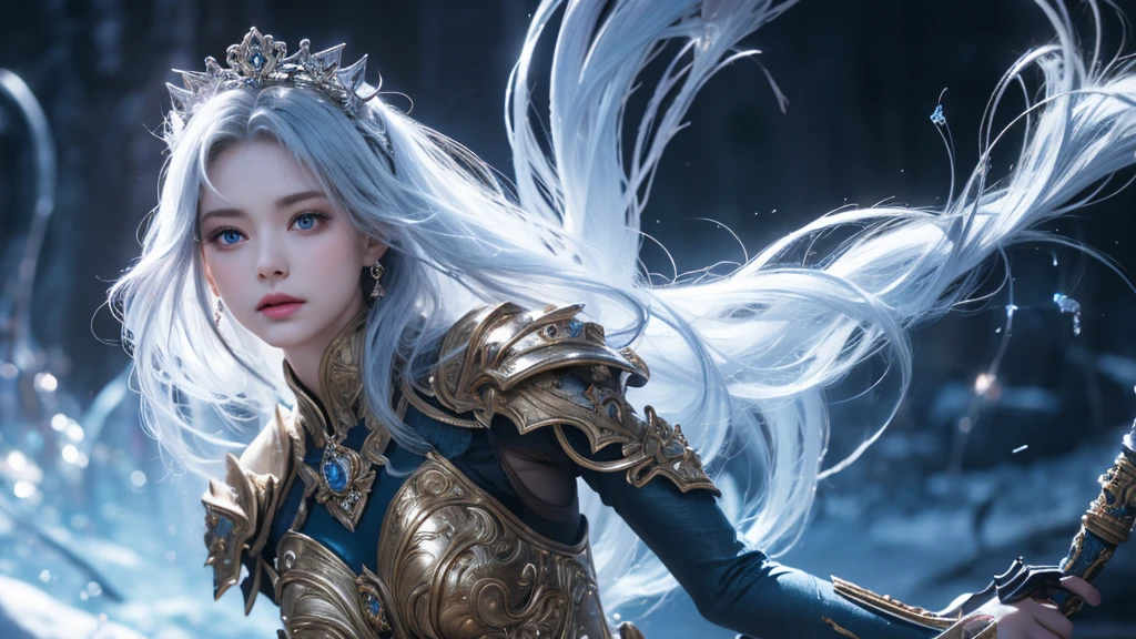 "Official Art, Unity 8k Wallpaper, Masterpiece, Best Quality, Fantasy, Ultra Detail, Full body shot, (Dynamic Angle), (Very Detail), Ultra High Definition, 8k UHD, (light rayer:1.05), Light Particles, Magic Effects swirling around her, Detailed Skin Texture, (illustration:1.05), (detailed light:1.05), (ultra-detailed:1.1), Solo, One Woman, hovering mid-air with a mystic aura. Eyes: deep electric blue that seem to harbor storms within, surrounded by dark eyelashes and soft glowing eyelids. Attire: a delicate balance of steel armor intricately designed, combined with soft silken fabrics that flow with her every move. Crown: made of steel, glistening with a metallic sheen, adorned with intricate patterns. Hair: long, flowing like live electricity. Holding an intricately designed hammer, emerging before a striking bolt of lightning, realistic light setting, (realistic)."