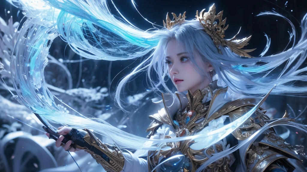 "Official Art, Unity 8k Wallpaper, Masterpiece, Best Quality, Fantasy, Ultra Detail, Full body shot, (Dynamic Angle), (Very Detail), Ultra High Definition, 8k UHD, (light rayer:1.05), Light Particles, Magic Effects swirling around her, Detailed Skin Texture, (illustration:1.05), (detailed light:1.05), (ultra-detailed:1.1), Solo, One Woman, hovering mid-air with a mystic aura. Eyes: deep electric blue that seem to harbor storms within, surrounded by dark eyelashes and soft glowing eyelids. Attire: a delicate balance of steel armor intricately designed, combined with soft silken fabrics that flow with her every move. Crown: made of steel, glistening with a metallic sheen, adorned with intricate patterns. Hair: long, flowing like live electricity. Holding an intricately designed hammer, emerging before a striking bolt of lightning, realistic light setting, (realistic)."