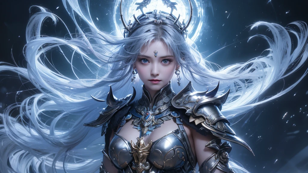 "Official Art, Unity 8k Wallpaper, Masterpiece, Best Quality, Fantasy, Ultra Detail, Full body shot, (Dynamic Angle), (Very Detail), Ultra High Definition, 8k UHD, (light rayer:1.05), Light Particles, Magic Effects swirling around her, Detailed Skin Texture, (illustration:1.05), (detailed light:1.05), (ultra-detailed:1.1), Solo, One Woman, hovering mid-air with a mystic aura. Eyes: deep electric blue that seem to harbor storms within, surrounded by dark eyelashes and soft glowing eyelids. Attire: a delicate balance of steel armor intricately designed, combined with soft silken fabrics that flow with her every move. Crown: made of steel, glistening with a metallic sheen, adorned with intricate patterns. Hair: long, flowing like live electricity. Holding an intricately designed hammer, emerging before a striking bolt of lightning, realistic light setting, (realistic)."