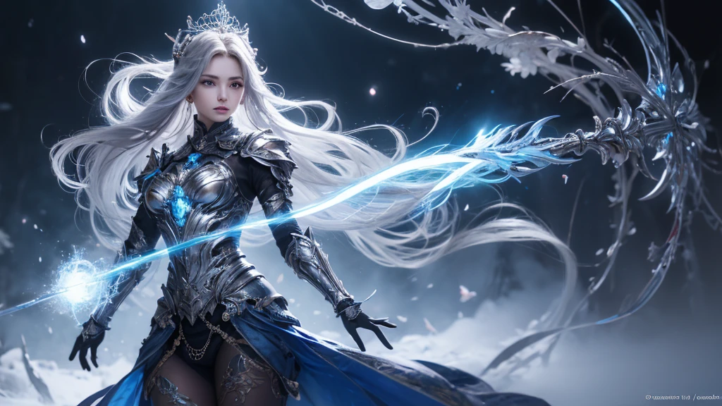 "Official Art, Unity 8k Wallpaper, Masterpiece, Best Quality, Fantasy, Ultra Detail, Full body shot, (Dynamic Angle), (Very Detail), Ultra High Definition, 8k UHD, (light rayer:1.05), Light Particles, Magic Effects swirling around her, Detailed Skin Texture, (illustration:1.05), (detailed light:1.05), (ultra-detailed:1.1), Solo, One Woman, hovering mid-air with a mystic aura. Eyes: deep electric blue that seem to harbor storms within, surrounded by dark eyelashes and soft glowing eyelids. Attire: a delicate balance of steel armor intricately designed, combined with soft silken fabrics that flow with her every move. Crown: made of steel, glistening with a metallic sheen, adorned with intricate patterns. Hair: long, flowing like live electricity. Holding an intricately designed hammer, emerging before a striking bolt of lightning, realistic light setting, (realistic)."