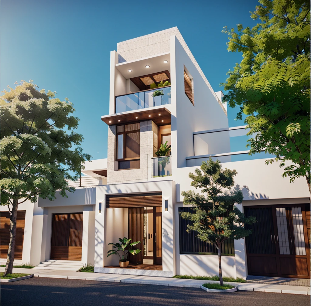 a render vray of a tall townhouse, (roof slat wooden detail:1.1), (white wall:1.2), modern exterior, with a plant on the top of it, frontview, elevation view, front-view, front elevation view, mid-view, modern lush condo as shopfront, front perspective, complete house, front view, overall architectural design, street elevation, 3/4 view from below, The ambient lighting highlights the textures and details, creating a stock photo-like atmosphere, best quality, (((Best Quality: 1.1))), ((Super Detail: 1.1))(straight strokedetail:1.3), (Intricate lines:1.1), ((Photorealism:1.1)),(((hyper detail:1.1))), archdaily, award winning design, (dynamic light:1.5), (day light:1), (perfect light:1.5), (shimering light :1.5), refection glass windows, trees, beautiful sky, photorealistic, FKAA, TXAA, RTX, SSAO, Post Processing, Post-Production, CGI, VFX, SFX, Full color,((Unreal Engine 5)), Canon EOS R5 Camera + Lens RF 45MP full-frame CMOS sensor, HDR, Realistic,8k,((Unreal Engine 5)), Cinematic intricate detail, extreme detail, science, hyper-detail, FKAA, super detail, super realistic, crazy detail, intricate detail, nice color grading, reflected light on glass, eye-catching wall lights, unreal engine 5, octane render, cinematic, trending on artstation, High-fidelity, Viwvid, Crisp, Sharp, Bright, Stunning, ((Lifelike)), Natural, ((Eye-catching)), Illuminating, Flawless, High-quality,Sharp edge rendering, medium soft lighting, photographic render, detailed archviz