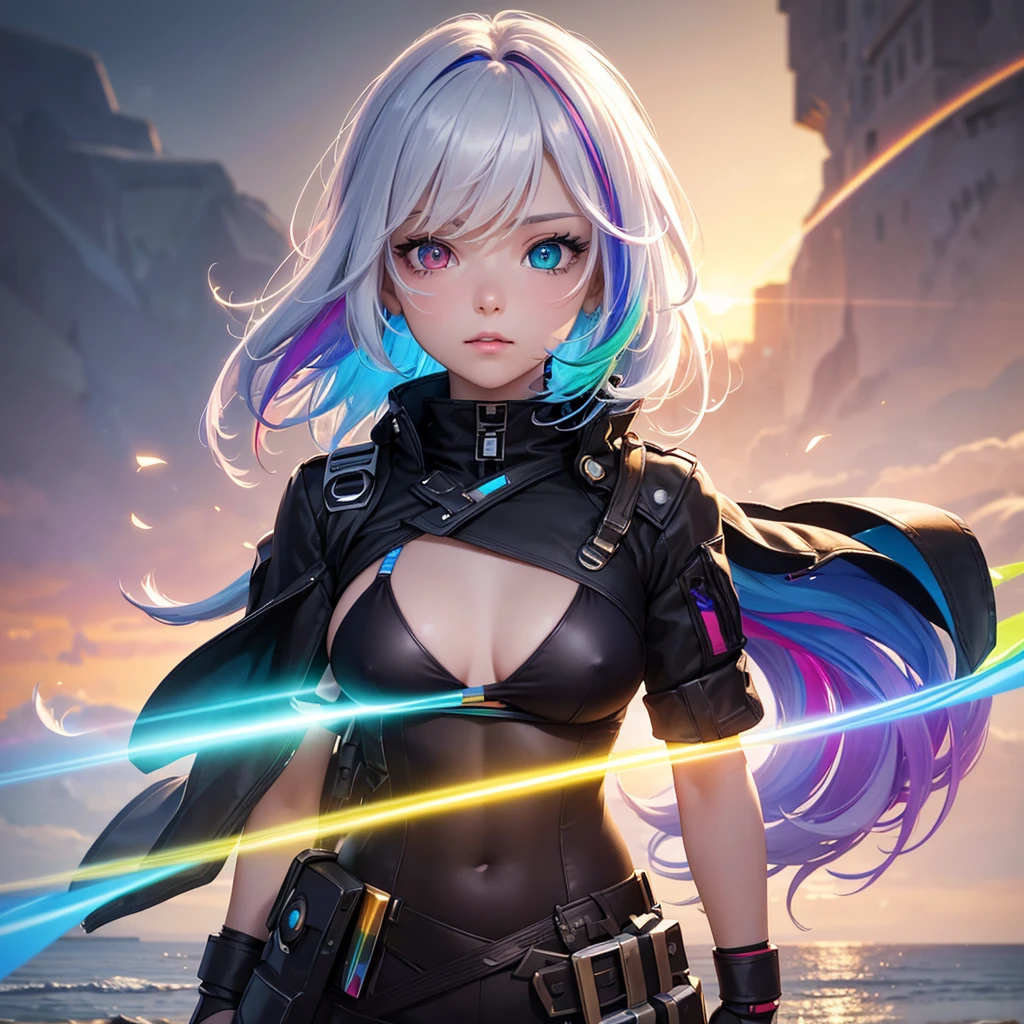 {{masterpiece}}, best quality, extremely detailed CG unity 8k wallpaper, cinematic lighting, lens flare, beautiful detail eyes, black, side glance, multicolor short white hair, colorful light, particles, heterochromia, (colorful:1.5), (colorful hair:1.5), futuristic bikini steel, beach view,