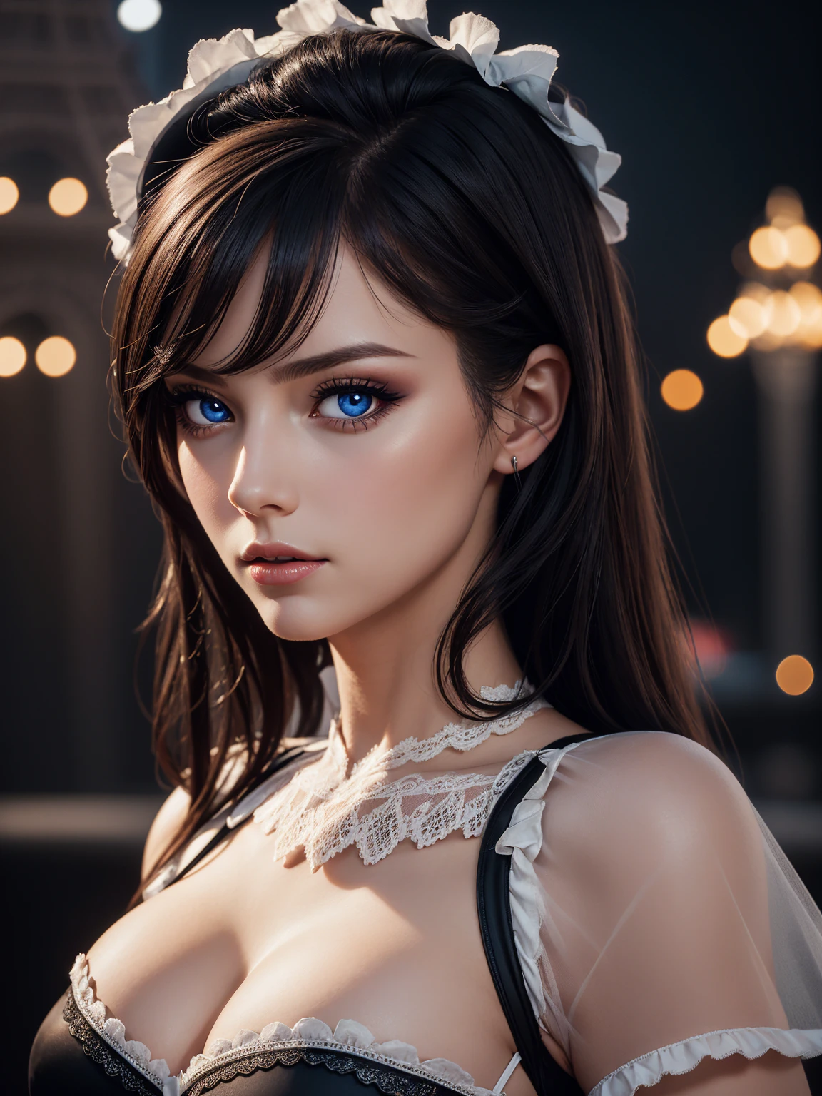 Jessica Roth, wearing sexy french maid clothes. professional retouching, soft lighting, realistic, smooth face, Perfect eyes, Sharp focus on the eyes, 8 thousand., A high resolution, insanely detailed, difficult, elegant. with the Eiffel Tower in the background.