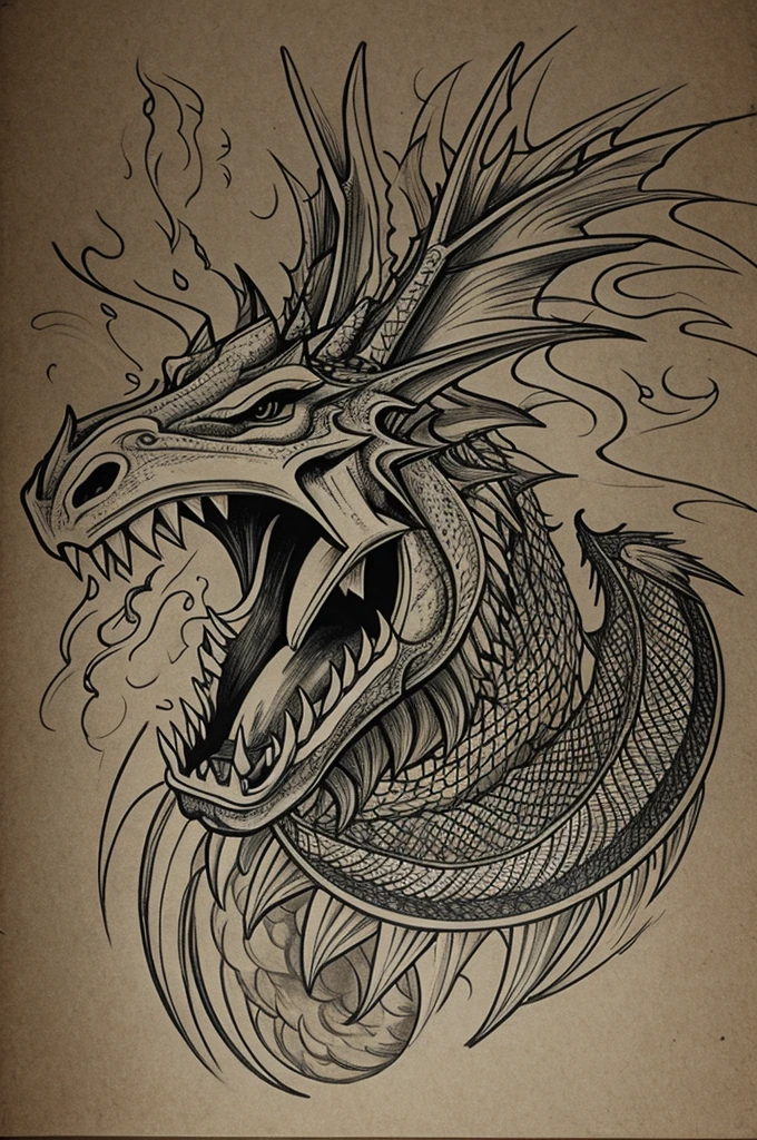 A Pablo Picasso style drawing in which a dragon appears breathing fire from its mouth
