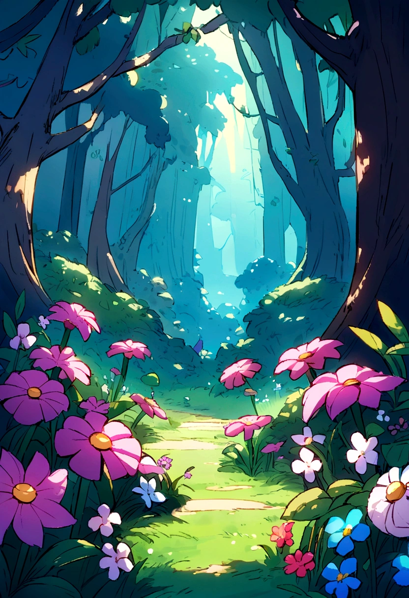 "A cartoony whimsical, dark fantasy forest background for a cartoony 2D platformer game. The cartoony scene should feature 2D platformer game cartoony set against a cartoony dark, mystical forest backdrop. The ground is cartoony lush and green, dotted with smaller, pink plants and flowers. 2D platformer gamecartoony The overall mood is enchanting and mysterious, perfect for an adventure game setting