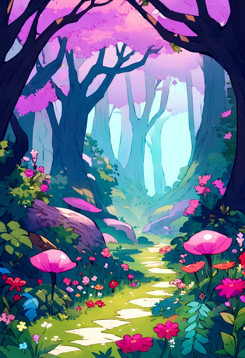 "A cartoony whimsical, dark fantasy forest background for a cartoony  2D platformer game. The cartoony  scene should feature 2D platformer game cartoony set against a cartoony dark, mystical forest backdrop. The ground is cartoony  lush and green, dotted with smaller, pink plants and flowers.  2D platformer gamecartoony  The overall mood is enchanting and mysterious, perfect for an adventure game setting    