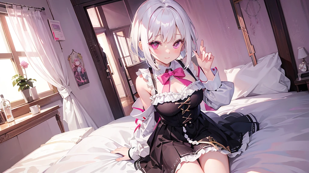 White Hair Girl、Pink Eyes、Short Hair、Only one girl、Night、In the bedroom、Blushing、laughing、Excited、Just One