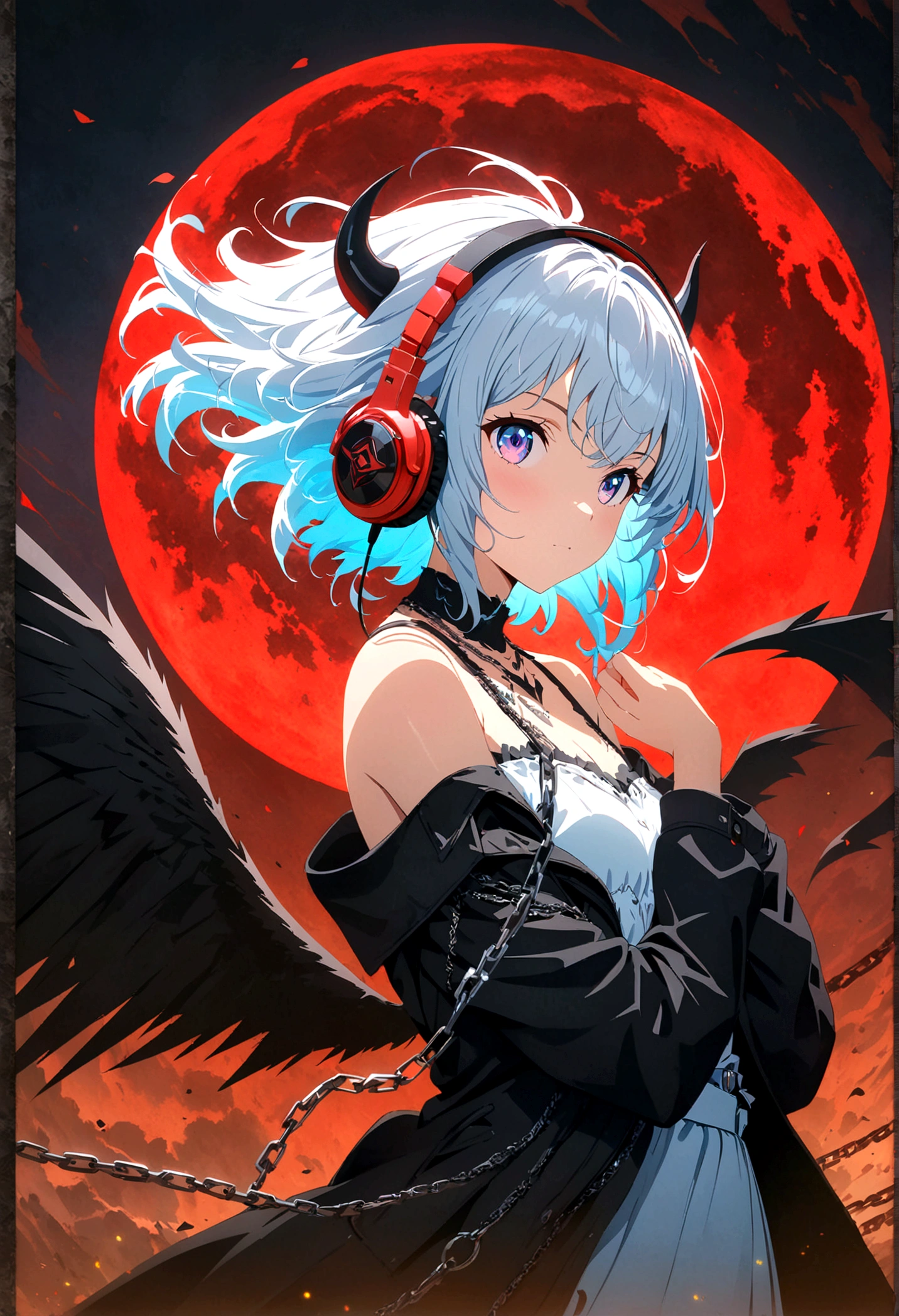 4k anime wallpaper, 4k anime wallpaper, Anime Art Wallpapers 8K, 4K Anime Style, anime art wallpaper 4k, anime art wallpaper 4k, 4k anime wallpaper, Eugeo Art, Detailed digital anime art, ((masterpiece, Highest quality)), (Complex Light), Perfect hands, Hyper Detail, Bright colors.Fantasy manga style demon beautiful girl, silver hair, short, headphones, half wearing dark long  the shoulder, black wings, chain, red moon, otherworldly painting.