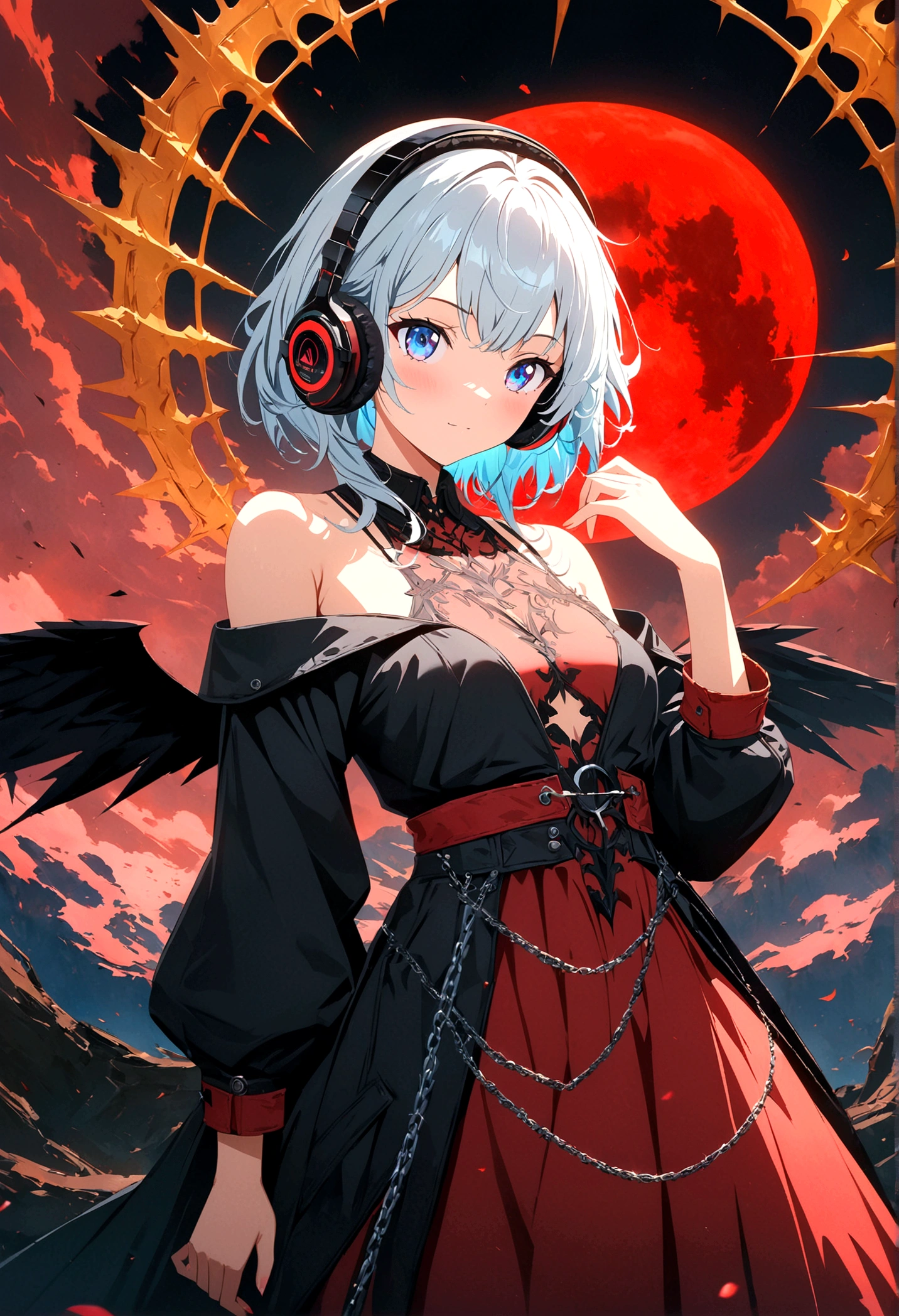 4k anime wallpaper, 4k anime wallpaper, Anime Art Wallpapers 8K, 4K Anime Style, anime art wallpaper 4k, anime art wallpaper 4k, 4k anime wallpaper, Eugeo Art, Detailed digital anime art, ((masterpiece, Highest quality)), (Complex Light), Perfect hands, Hyper Detail, Bright colors.Fantasy manga style demon beautiful girl, silver hair, short, headphones, half wearing dark long coat, off the shoulder, black wings, chain, red moon, otherworldly painting.
