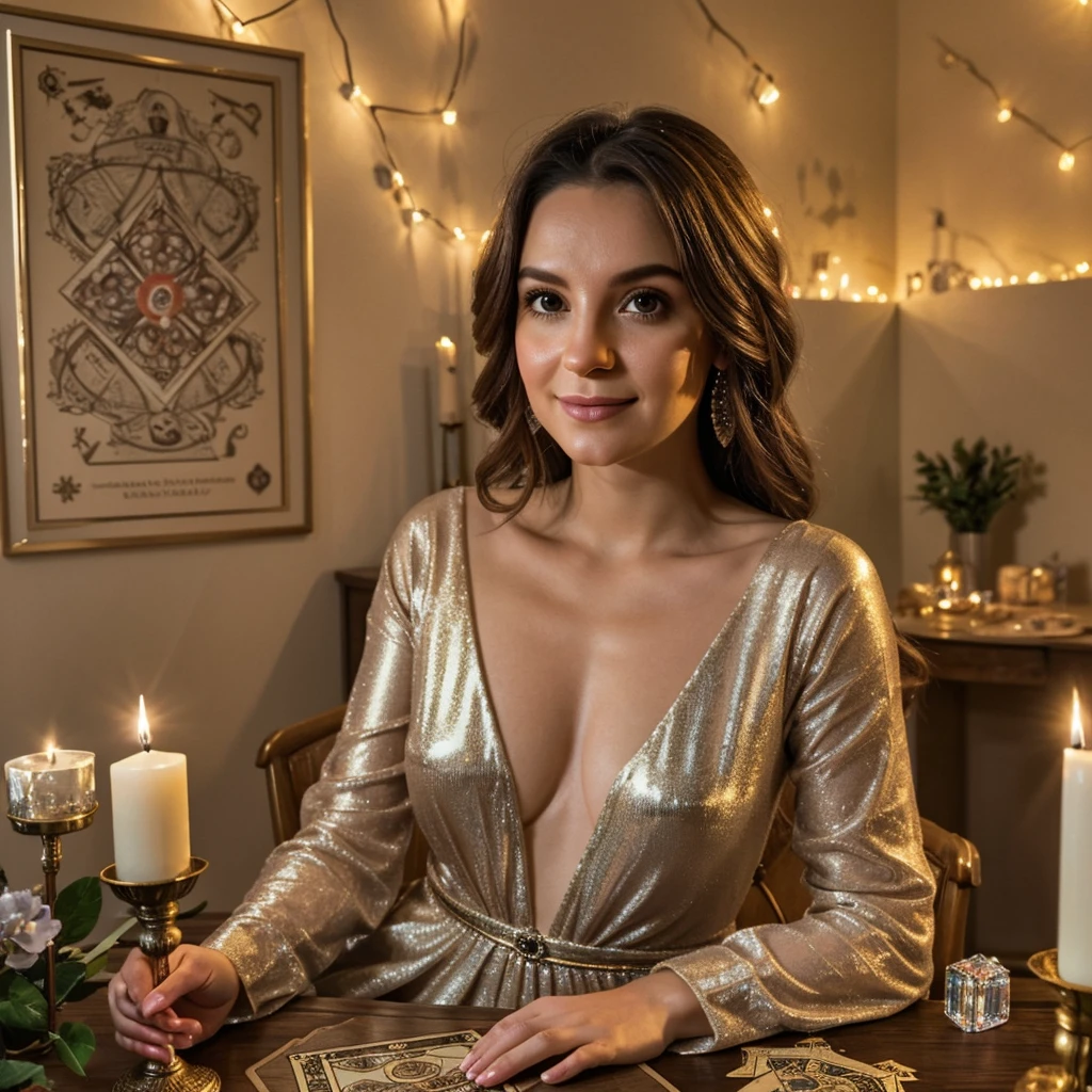 A realistic portrait of a 35-year-old female tarot reader. She is sitting at a table adorned with tarot cards, crystals, and sparkling candles, looking directly at the camera with a confident and mysterious expression. The scene is illuminated by a bright light in the background with a light wall in the background, adding a touch of magic and enchantment to the atmosphere. The lighting highlights the details in her face, the textures of the table items, and creates a warm, inviting glow in the setting.