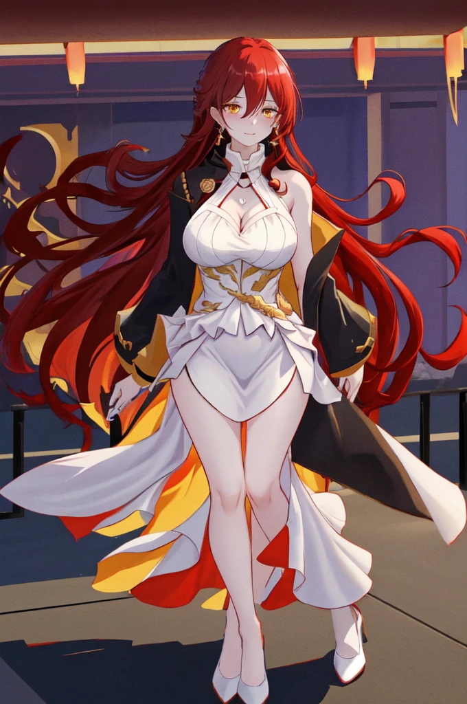 masterpiece,best quality,1girl,breasts,dress,red hair,long hair,solo,yellow eyes,white dress,outdoors,full body,large breasts,looking at viewer,cleavage,jewelry,cleavage cutout,clothing cutout, shoulders,bangs,black footwear,sleeveless,coat,china dress, legs,chinese clothes,bracelet,standing,sleeveless  shoulder,day,black coat,thighs,high heels,smile,legs,hair between eyes,closed mouth,building,blush,earrings,jacket,sky,shiny,side slit,black jacket,very long hair,
