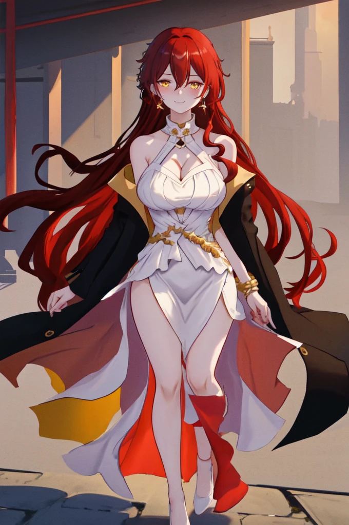 masterpiece,best quality,1girl,breasts,dress,red hair,long hair,solo,yellow eyes,white dress,outdoors,full body,large breasts,looking at viewer,cleavage,jewelry,cleavage cutout,clothing cutout,bare shoulders,bangs,black footwear,sleeveless,coat,china dress,bare legs,chinese clothes,bracelet,standing,sleeveless dress,off shoulder,day,black coat,thighs,high heels,smile,legs,hair between eyes,closed mouth,building,blush,earrings,jacket,sky,shiny,side slit,black jacket,very long hair,