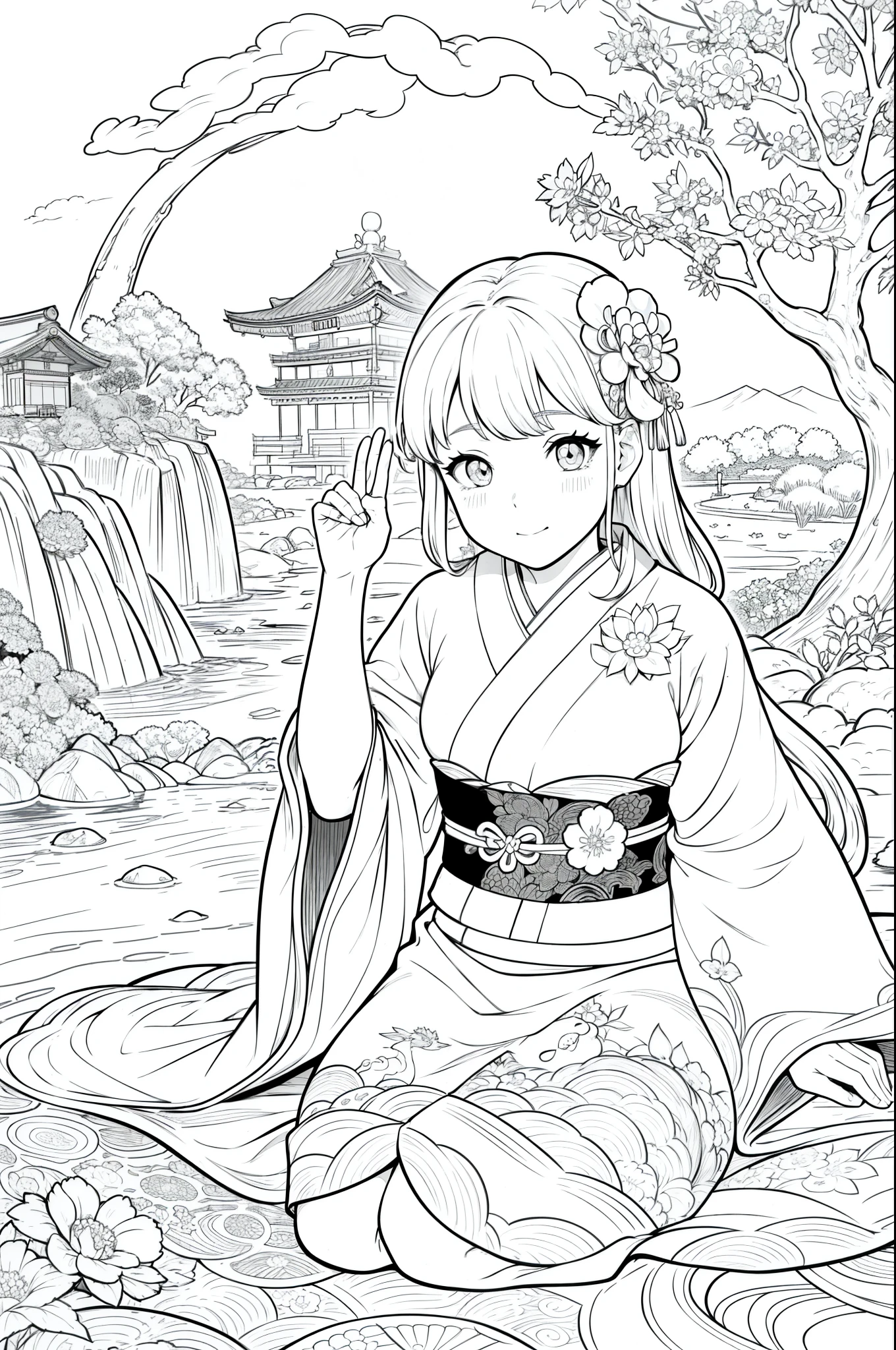 Obra maestra, superlativo,solamente, Dragon cute , flower line drawing background, fondo blanco, monocromo, line drawing, ((bosquejo)), spooky, white eyes, Please create a simple monochrome coloring book that even a can do, depicting a realistic and cute ukiyo-e illustration of a girl in a kimono, in various poses, with a Japanese garden in the background, that conveys Japanese culture.