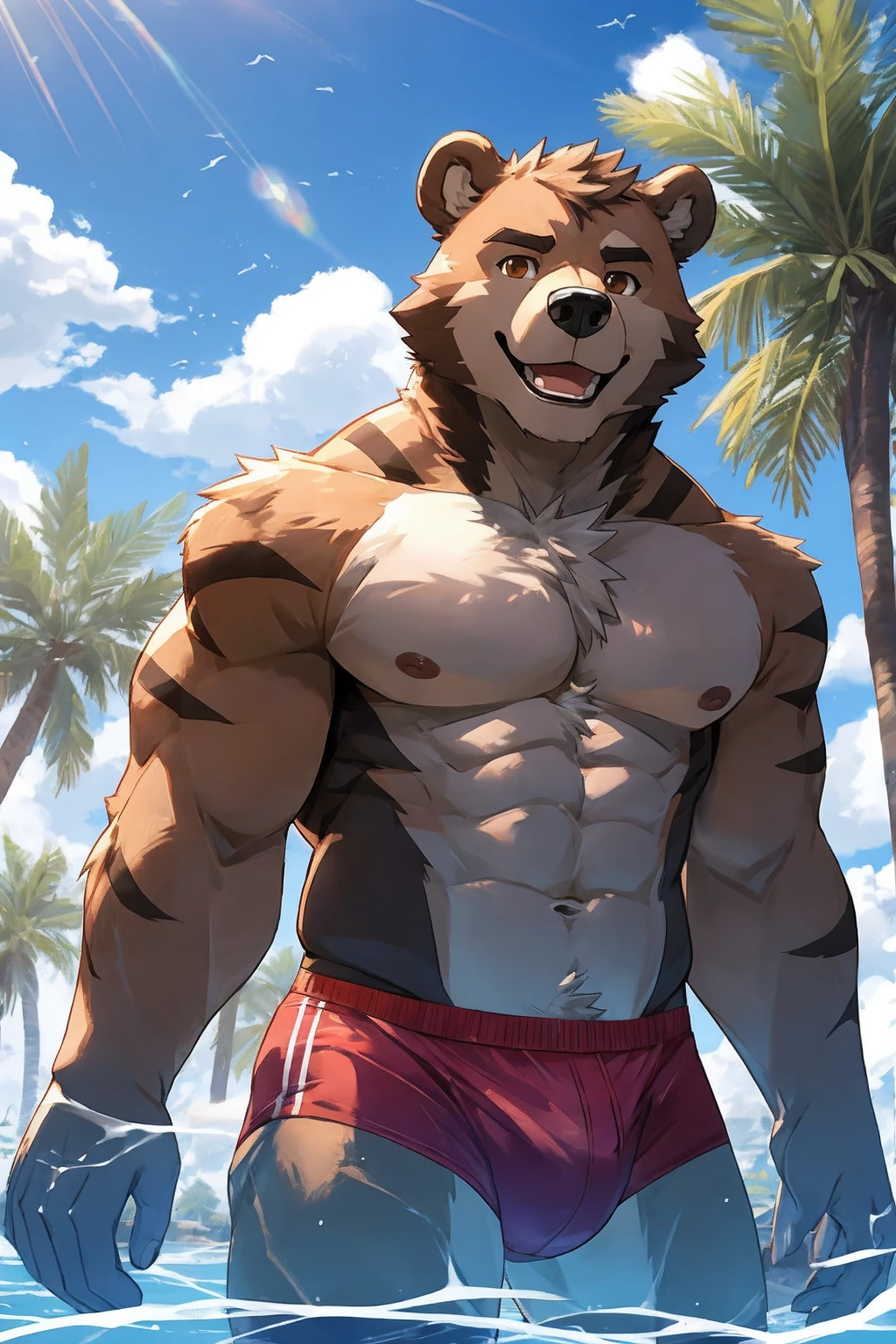 Furry,solo,swiming,sport,sunny,sky,Happy,cute,Age not more than 13 years age ,ager, A bear with white fur and brown stripes on its body.,brown eyes, brown eyebrows, brown nipples, Without clothes, Smiling faces,wear swim briefs,(Maximum fineness,Dynamic HDR,8K)