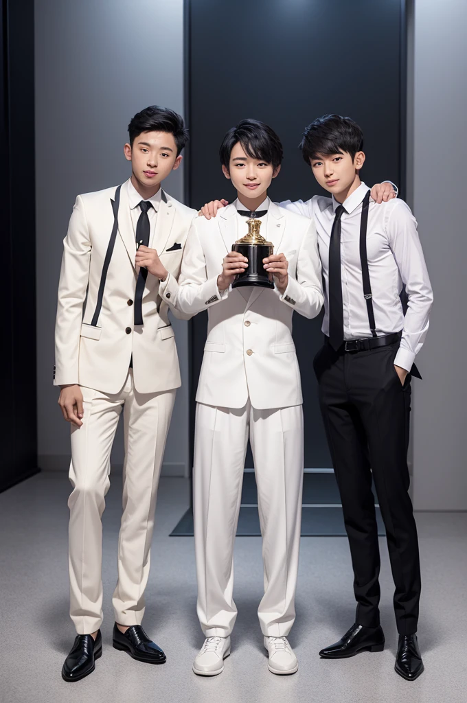 Raise three boys wearing white dress shirts, black necktie, black pants and black dress shoes. They must be happy each holding a trophy