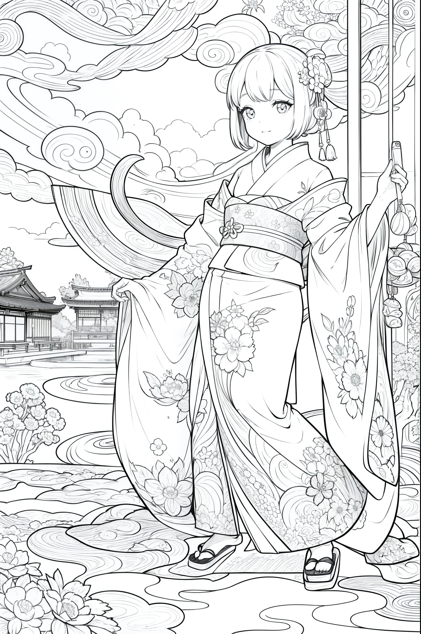 Obra maestra, superlativo,solamente, Dragon cute , flower line drawing background, fondo blanco, monocromo, line drawing, ((bosquejo)), spooky, white eyes, Please create a simple monochrome coloring book that even a  can do, depicting a realistic and cute ukiyo-e illustration of a girl in a kimono, in various poses, with a Japanese garden in the background, that conveys Japanese culture.