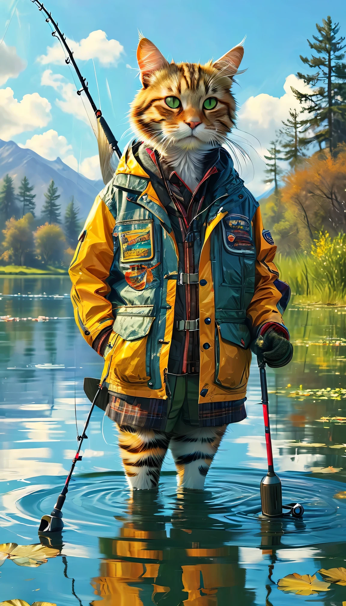 A fifty-year-old cat wearing a jacket and holding a fishing rod fishing in a lake, Beautiful digital art, Wear Fisherman&#39;s 🧥, Adorable digital painting, Cute and detailed artwork, A wonderful work of art, Beautiful artwork, Amazing digital art, Cute and detailed digital art, Highly detailed digital artwork, Amazing artwork, Amazing digital art with attention to detail, Amazing artwork, Stunning photorealistic concept art, Amazing digital illustrations