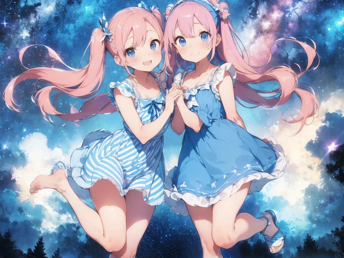 Starry Sky、Light blue and white striped dress、Bare feet and sandals、Sisters Apart in Age、hug、Standing posture, (pink hair, twin tails twin drill, show your forehead, blue eyes, White frilled white headband, slanted eyes, smile, long sideburns, curled bangs, neck ribbon, Forehead, amount), 
