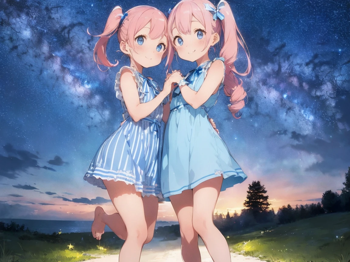 Starry Sky、Light blue and white striped dress、Bare feet and sandals、Sisters Apart in Age、hug、Standing posture, (pink hair, twin tails twin drill, show your forehead, blue eyes, White frilled white headband, slanted eyes, smile, long sideburns, curled bangs, neck ribbon, Forehead, amount), 
