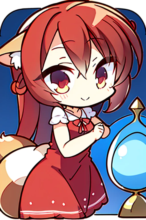 A red haired fox woman with a left red eye and right blue eye with an hourglass figure with red fox ears and a red fox tail in a cute summer dress is smiling while leaning forward
