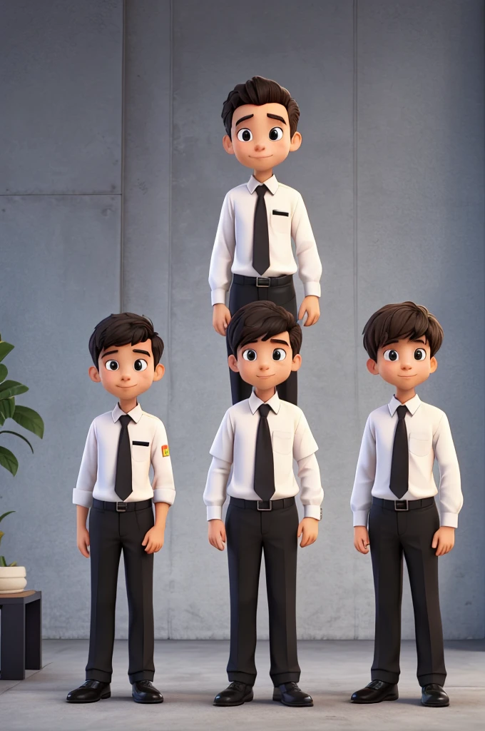 Raise three boys wearing white dress shirts, black necktie, black pants and black dress shoes. They must be happy each holding a trophy