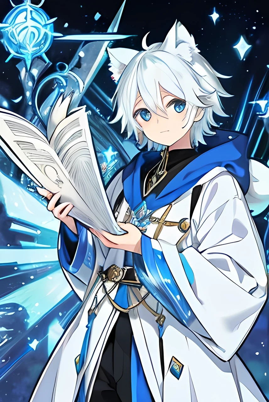 A ((male)) sorcerer with feminine features ((wearing a white-gold kemono)) casting a hexagonal symbol of blue lights.