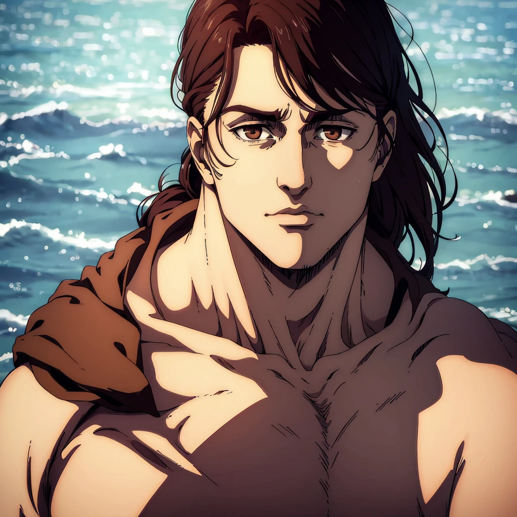 (best quality,4k,8k,highres,masterpiece:1.2),ultra-detailed,(realistic,photorealistic,photo-realistic:1.37), young man , mappa art style, inverted-triangle face shape , almond-shaped brown eyes with positive canthal tilt, dark brown hair color , his hair medium well styled , he looks handsome, he is fair , sharp jawline , he is wearing black shirt