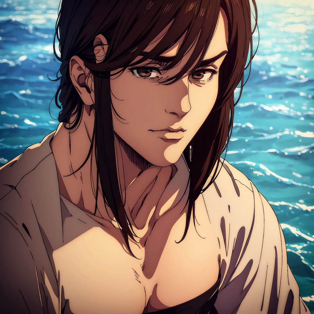 (best quality,4k,8k,highres,masterpiece:1.2),ultra-detailed,(realistic,photorealistic,photo-realistic:1.37), young man , mappa art style, inverted-triangle face shape , almond-shaped brown eyes with positive canthal tilt, dark brown hair color , his hair medium well styled , he looks handsome, he is fair , sharp jawline , he is wearing black shirt