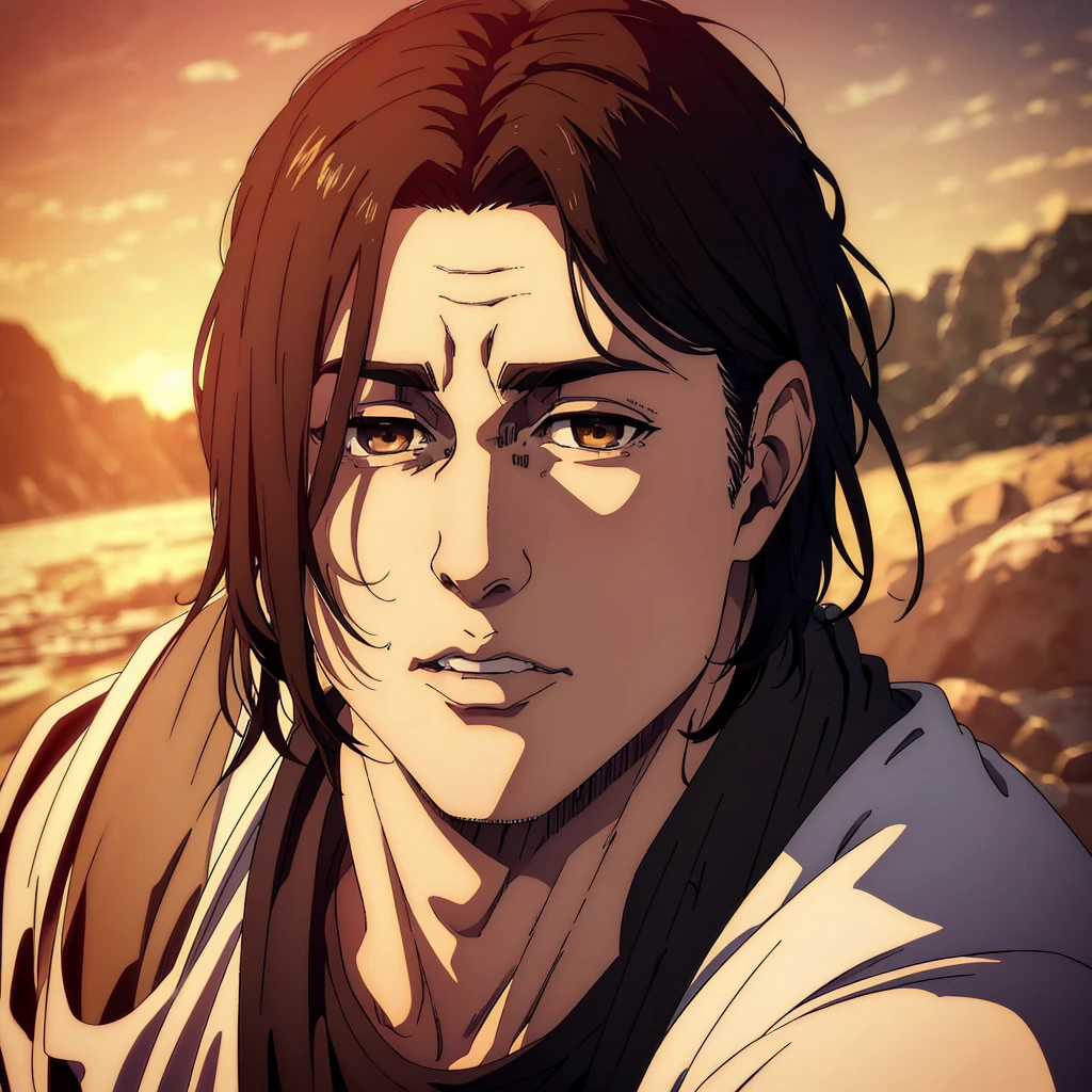 (best quality,4k,8k,highres,masterpiece:1.2),ultra-detailed,(realistic,photorealistic,photo-realistic:1.37), young man , mappa art style,  inverted-triangle face shape , almond-shaped brown eyes with positive canthal tilt,  dark brown hair color , his hair medium well styled , he looks handsome, he is fair ,  sharp jawline , he is wearing black shirt