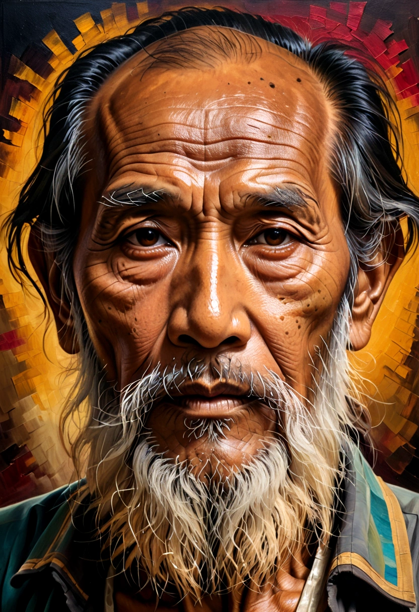Oil painting of the face of an old Thai man with a long, messy beard.