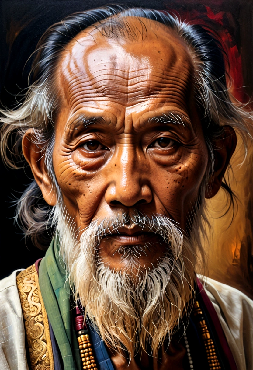Oil painting of the face of an old Thai man with a long, messy beard.