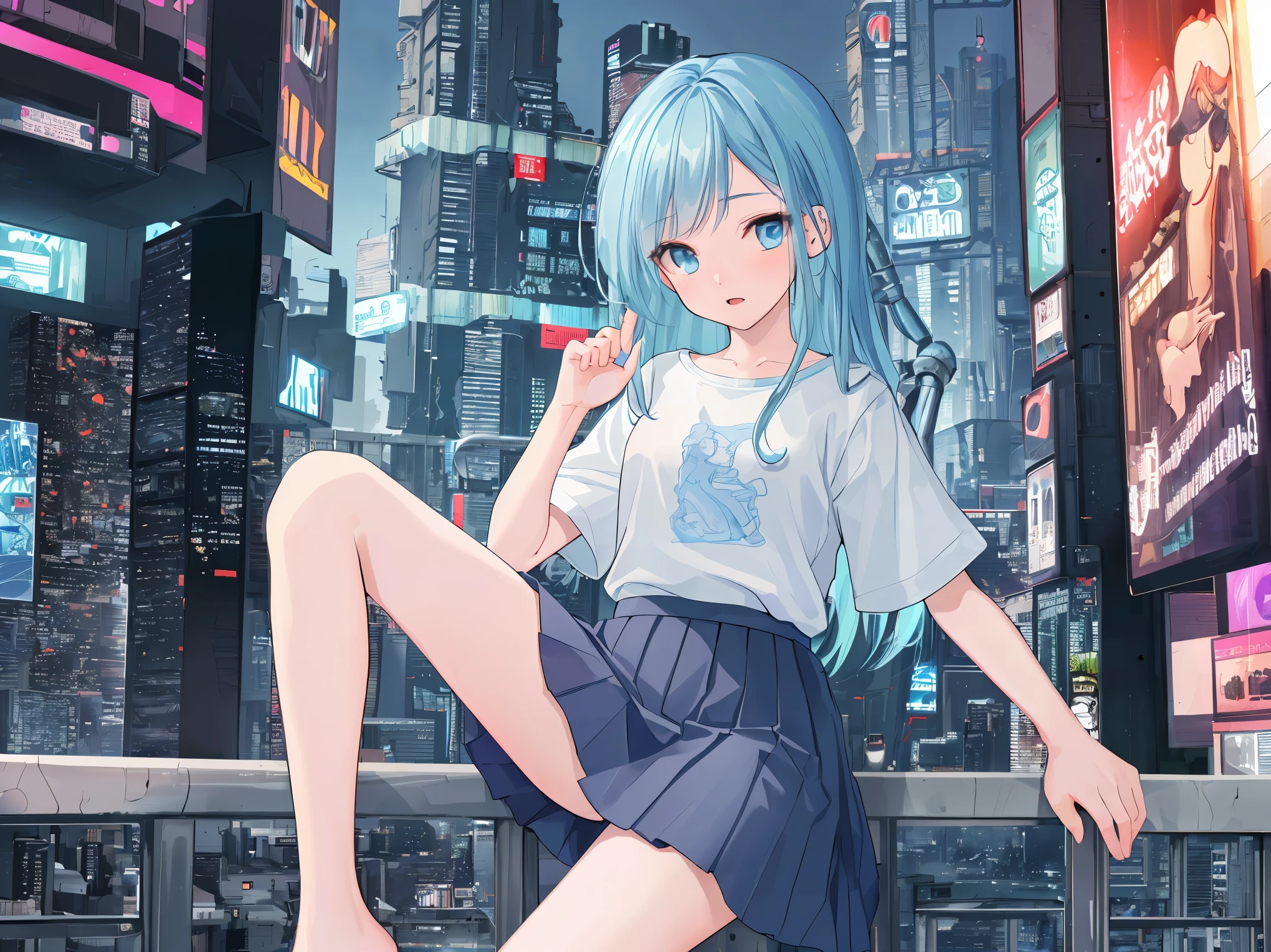 (masterpiece:1.2), best quality, highres, original, (extremely detailed:1.2), ultra-detailed, wallpaper, perfect lighting,(extremely detailed CG:1.2), 8k, anime illustration, 1boy, cross-dressing, femboy, long hair, light-blue hair, (cyberpunk fashion, short-sleeved T-shirt, knee-length skirt, lace hemline, delicate clothes:1.2),looking at viewer, frontal, futuristic city background, sci-fi city, (anatomically correct: 1.3)