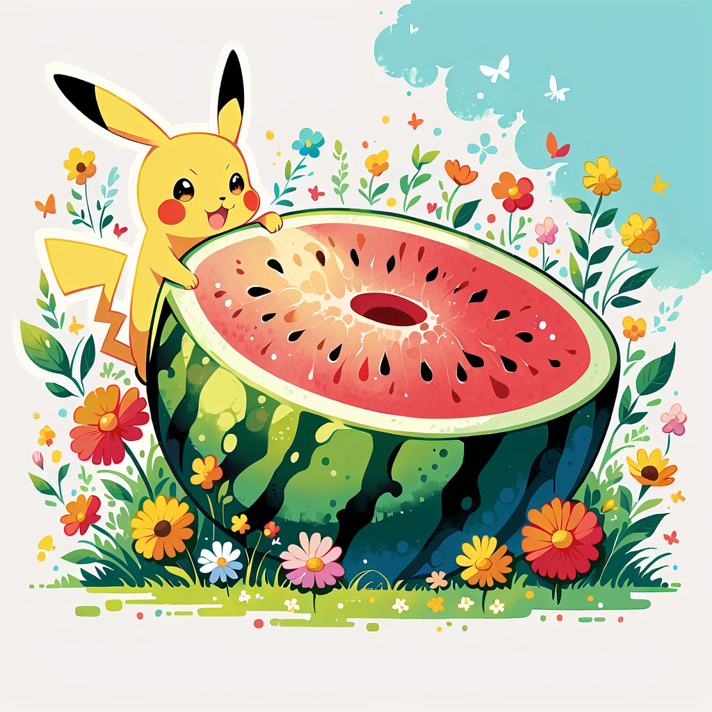 Pikachu with a large watermelon. Pikachu should be happily hugging or sitting next to the big watermelon, displaying a joyful expression. Use a bright and cheerful color palette with soft, painterly strokes. Include details like the watermelon’s vibrant green rind and pink flesh with seeds if it's cut open. The background can be simple, with elements like a sunny sky, a few scattered flowers, or some grass to enhance the summery feel